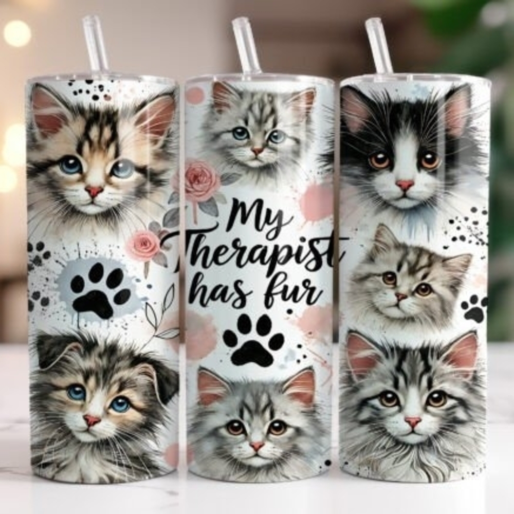 Cat-Themed Tumbler with Straw - Black and White